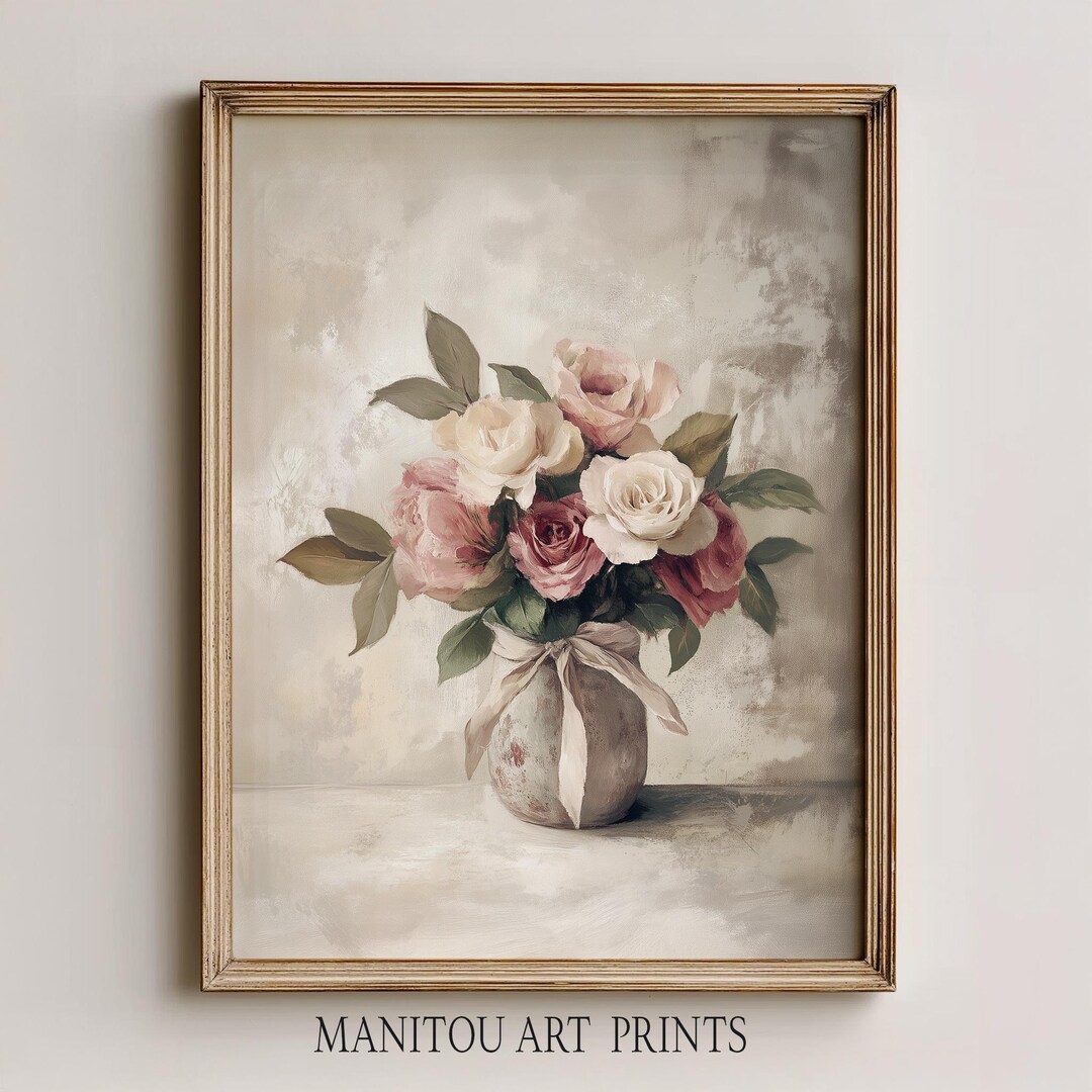 Vintage Floral Still Life Bouquet - Romantic Roses & Blooms Art, Muted ...