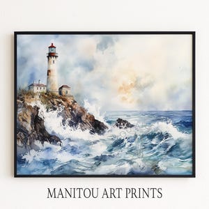 Coastal Lighthouse Watercolor - Printable Ocean Wall Art, Seaside Landscape Painting, Rustic Nautical Decor, Stormy Sea Scene Print 667