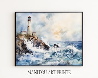 Coastal Lighthouse Watercolor - Printable Ocean Wall Art, Seaside Landscape Painting, Rustic Nautical Decor, Stormy Sea Scene Print 667