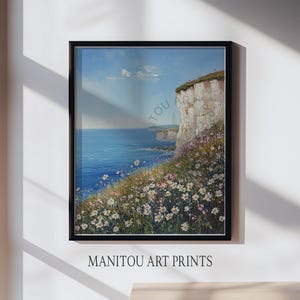 Serene Coastal Cliff Printable - Vintage Oil Painting, Rustic Seaside Landscape Art, Charming Ocean View Decor, Nautical Wall Art