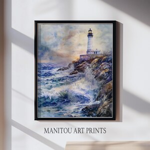 Coastal Lighthouse Watercolor Art - Printable Seaside Wall Decor, Rocky Shore Painting, Nautical Scene, Ocean Waves, Maritime Print 668