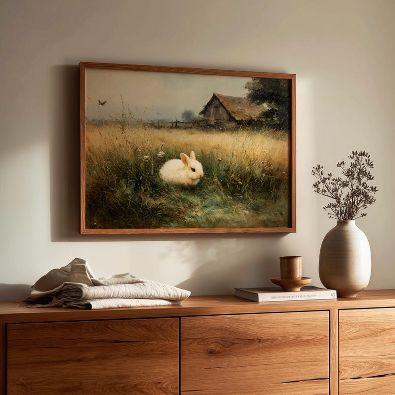 Cottagecore White Rabbit in Meadow, Pastoral Landscape Painting ...
