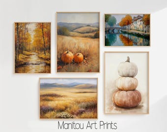Rustieke herfstmuurkunst set van 5, herfstlandschapsprints, pompoen- en oogstscènes, Cottagecore-boerderijdecor, afdrukbare muurkunstbundel 2