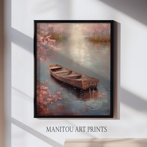 Vintage Wooden Rowboat Oil Painting - Rustic Nostalgic Wall Art, Printable Lakeside Scene, Romantic Cottage core Decor, multiple sizes 1