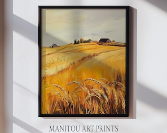 Golden Wheat Field Art, Pastoral Farmhouse Harvest Painting (Digital Download) 60