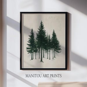 May include: A framed art print featuring a forest scene with several dark green evergreen trees. The artwork has a neutral background and is enclosed in a black frame. The text "MANITOU ART PRINTS" is printed at the bottom.