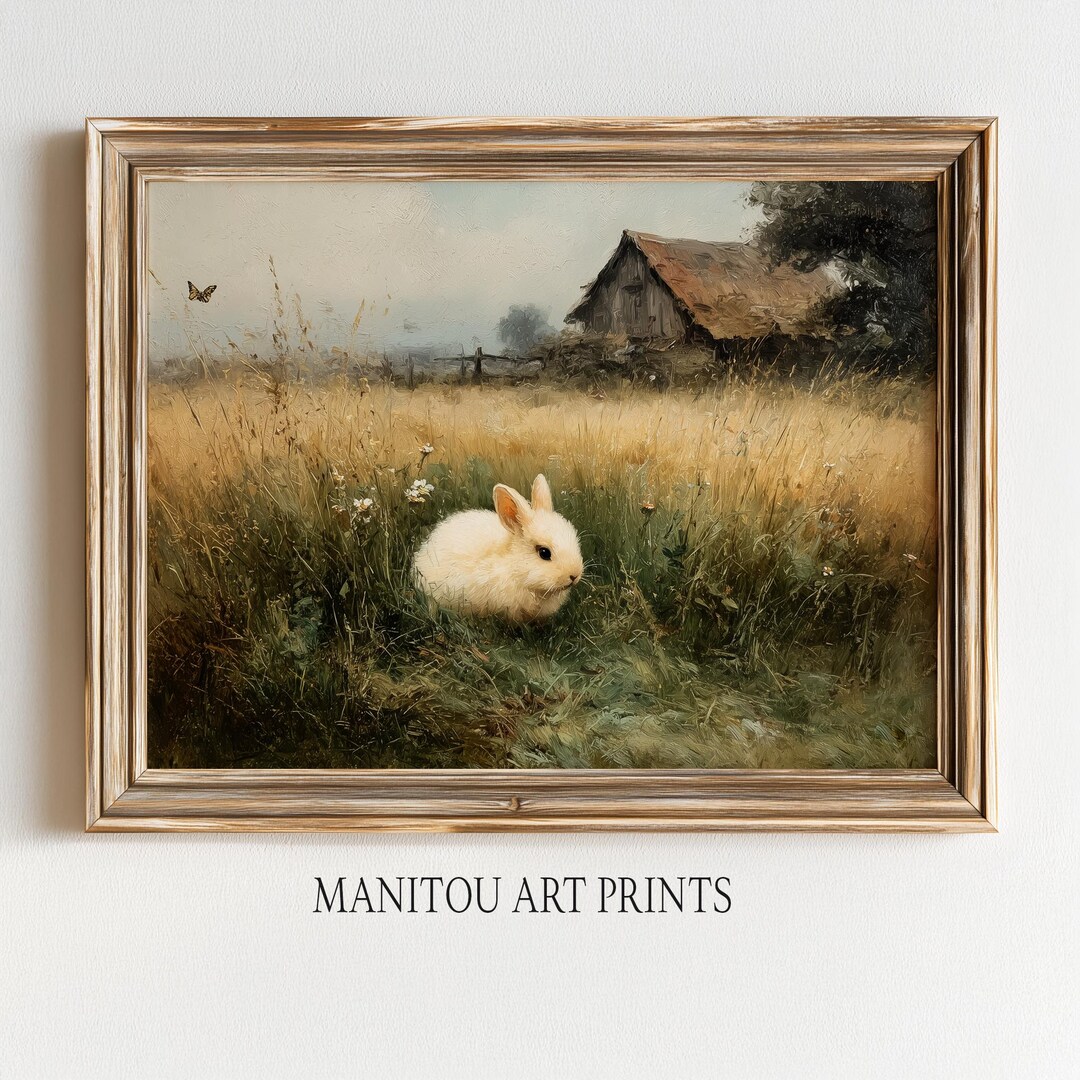Cottagecore White Rabbit in Meadow, Pastoral Landscape Painting ...