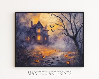 Haunted Halloween Night Scene - Spooky Oil Painting, Vintage Fall Wall Art, Rustic Autumn Decor, Printable Halloween Landscape 297
