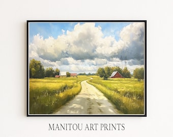 Rustic Country Road Farmhouse Landscape Art in Cozy Countryside Setting (Digital Download) 109