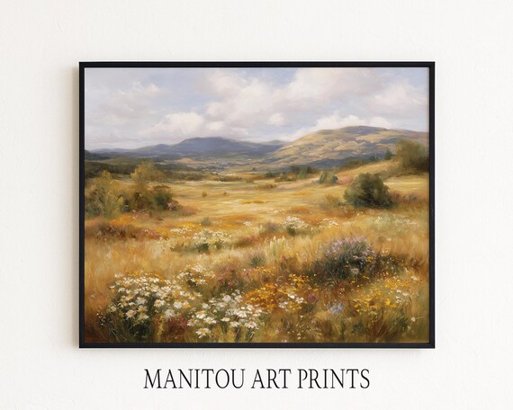 素朴な秋の草原の風景 - 印刷可能な壁アート、なだらかな丘の油絵
