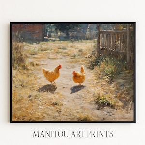 May include: Framed art print featuring two chickens in a sunlit farmyard scene. The chickens are a warm, golden brown color, with red combs. The artwork has a rustic, impressionistic style, with a dirt path and wooden fence in the background. The text "MANITOU ART PRINTS" is at the bottom.