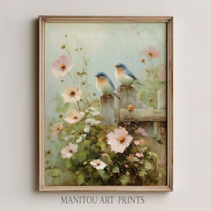 Two Bluebirds on a Rustic Fence, Cottagecore Wall Art in Pastel Watercolor (Digital Download) 1681
