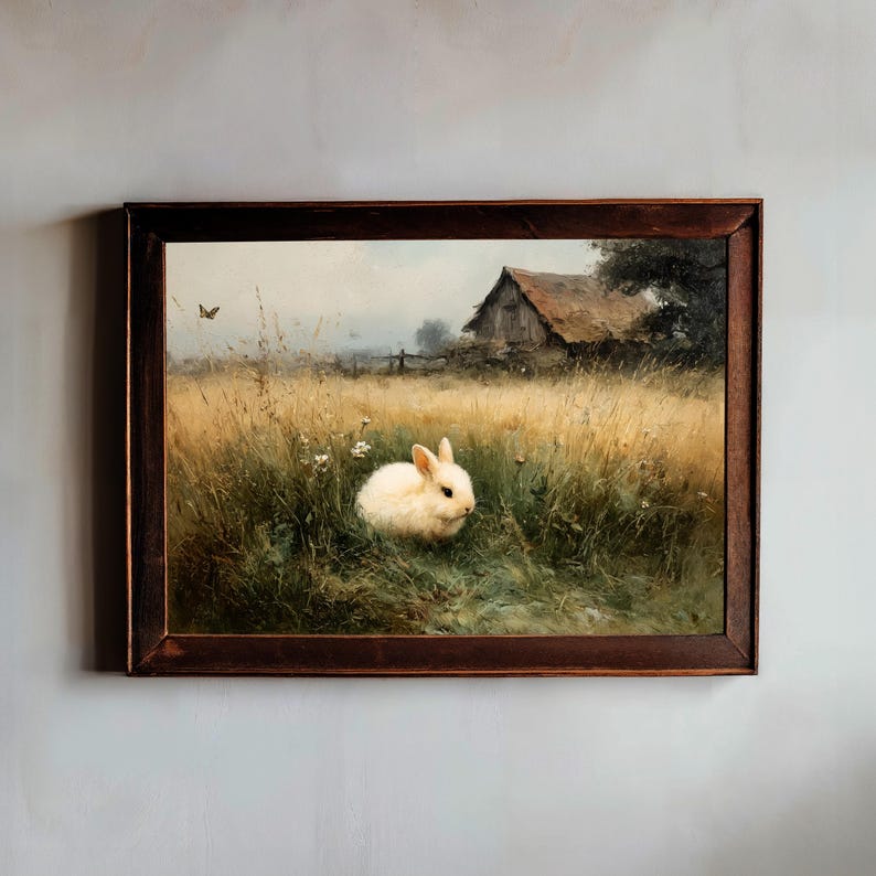 Cottagecore White Rabbit in Meadow, Pastoral Landscape Painting ...