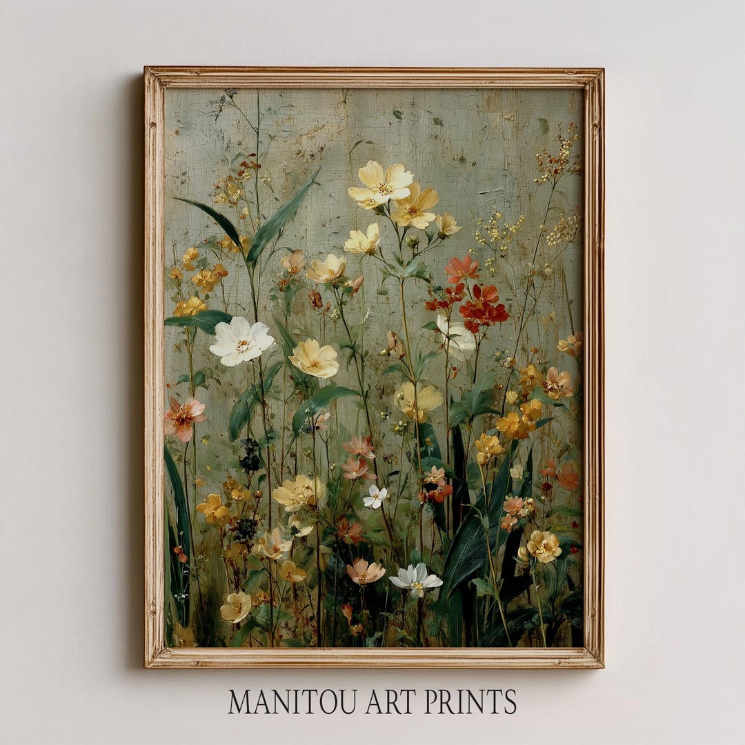 Vintage Cottagecore Botanical Wall Art - Rustic Wildflower Meadow Print ...