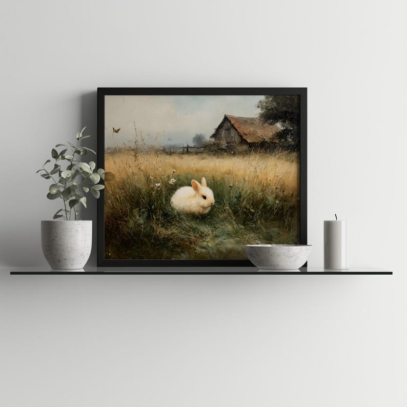 Cottagecore White Rabbit in Meadow, Pastoral Landscape Painting ...