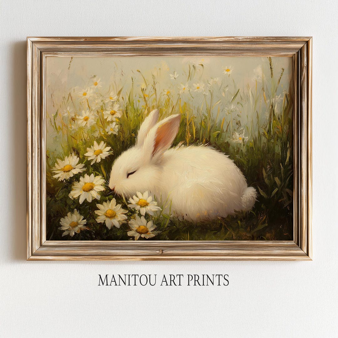 Printable Cottagecore Bunny Oil Painting - Cozy White Rabbit Among ...