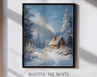 Rustikales Landhaus in Schneelandschaft - Gemütlicher Winterdruckbare Kunst, Vintage Hüttenszene, Warmes Licht, Winter Dekor, Instant Download 1157