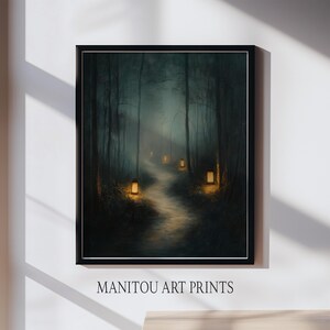 Spooky Forest Path at Night - Haunted Lantern-Lit Trail, Moody Rustic Wall Art, Mysterious Cottagecore Decor, Printable Painting 969