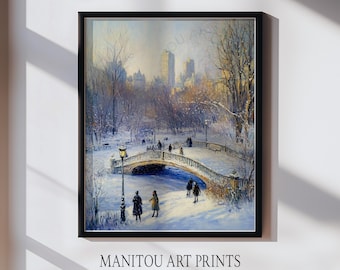 May include: Framed art print depicting a winter park scene with a snow-covered bridge and trees. The artwork uses a soft, painterly style with muted blues, whites, and yellows. The text "MANITOU ART PRINTS" is at the bottom.