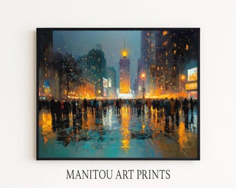 Times Square at Night Painting - Festive New Year's Eve Cityscape, Moody Urban Reflections, Cinematic Night Scene, Printable Wall Art 1312