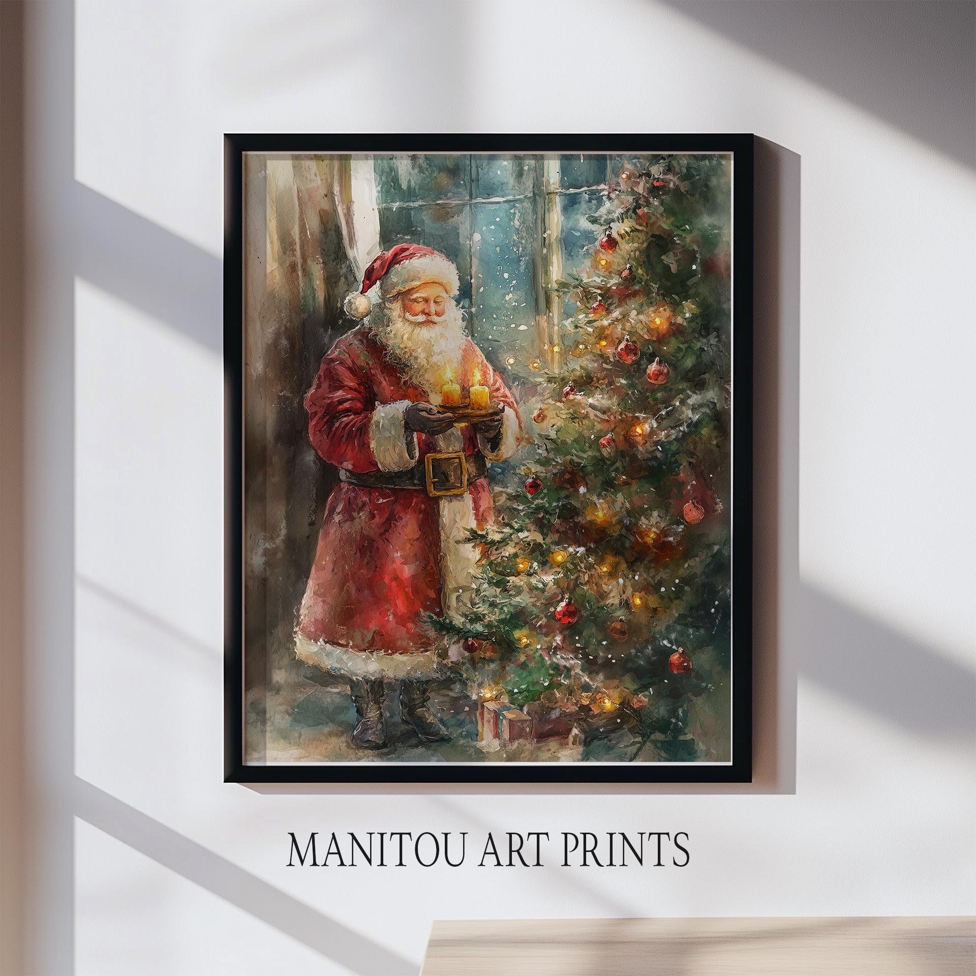 サンタとツリー　絵画 クリスマスツリーとサンタクロースのヴィンテージ - お祝いのホリデー