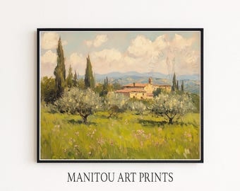 Casa de campo toscana bañada por el sol en un prado, arte paisajístico cálido de estilo cottagecore (descarga digital) 102