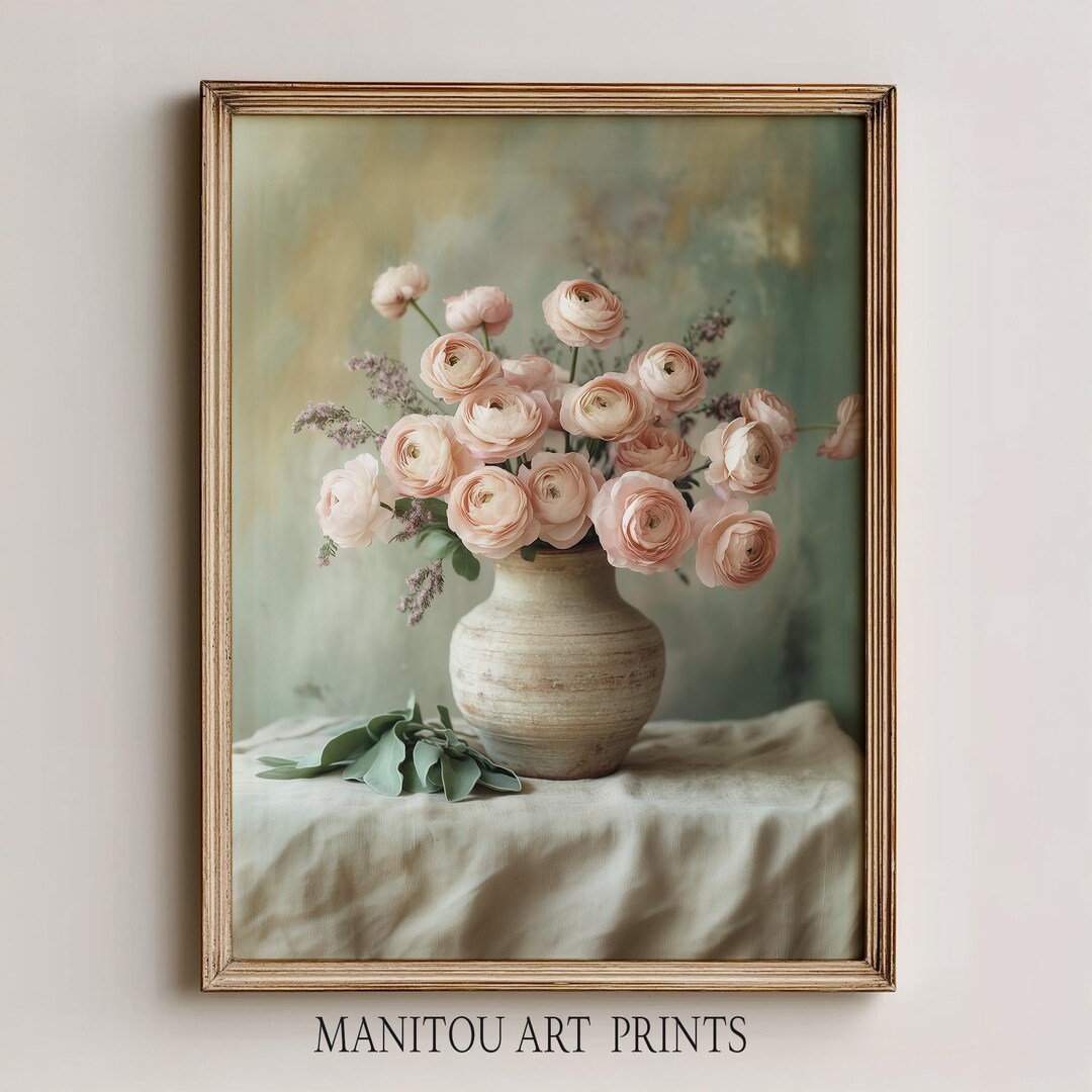 Vintage Blush Rose Bouquet Printable - Romantic Cottagecore Wall Art ...