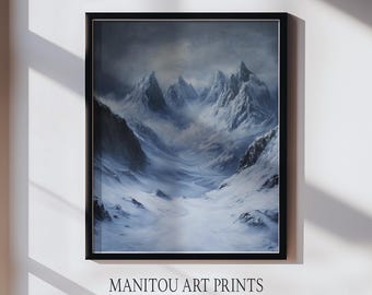 Moody Snow-Covered Mountain Pass - Jagged Peaks Winter Landscape, Rustic Wall Art, Print, Printable Alpine Decor, Digital Painting 592