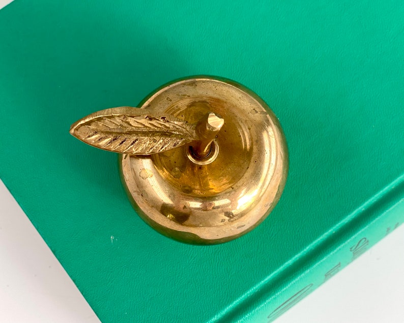 Vintage Brass Apple Bell, Vintage Home Decor, Teacher Gift, Antique Brass Bell, Book Shelf Decor, Back to School Gift for Teachers image 4