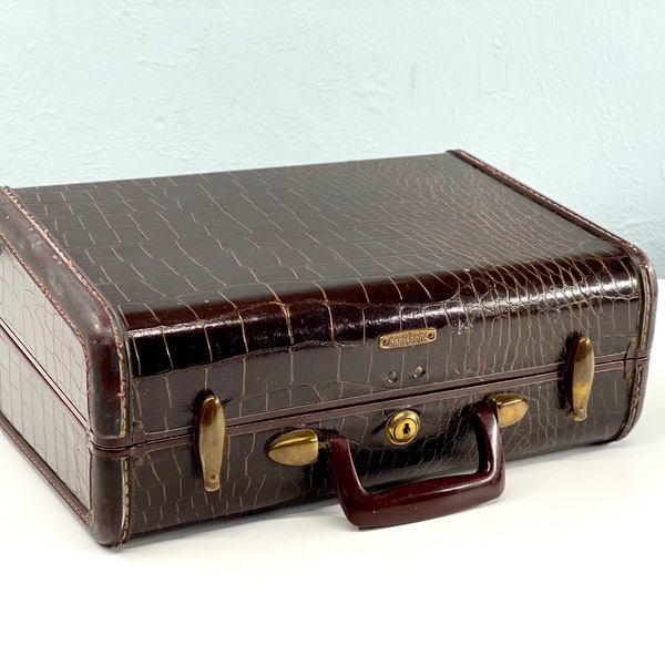 Small Brown Faux Alligator Samsonite Suitcase, Vintage Samsonite Luggage