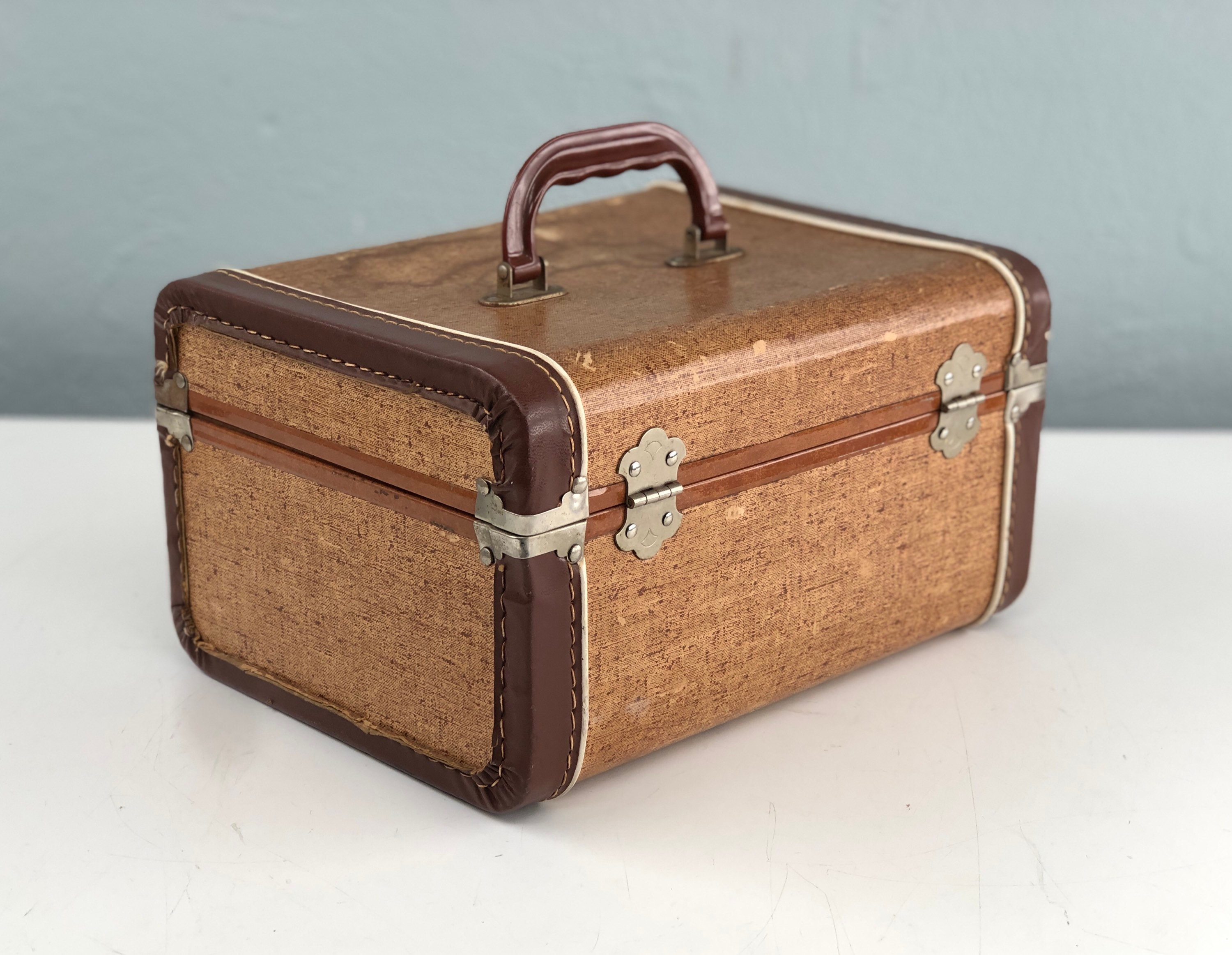 Small Vintage Train Case Vintage Luggage Suitcase Two Tone Etsy