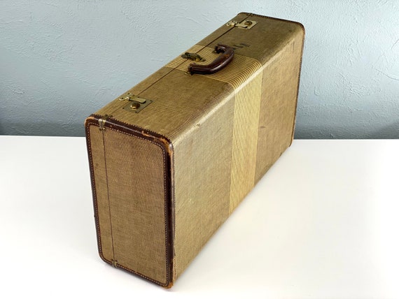 Vintage Large Striped Tweed Suitcase with Leather… - image 3