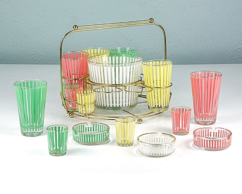 Vintage Striped Barware Set Mid Century Barware Bar Set Etsy