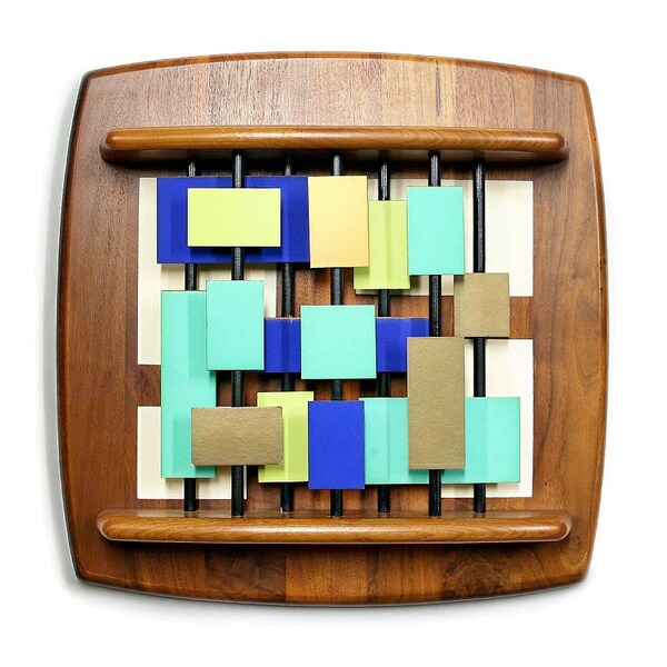 RESERVED / Mid Century Modern Wall Hanging, Three Dimensional Artwork, Belart Co Mendota Minn, Retro Teal, Chartreuse, Blue, and Gold 1950s