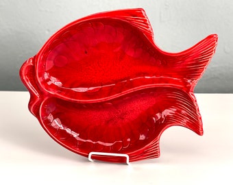 Vintage Big Fish Divided Serving Bowl in Red, California Original Pottery