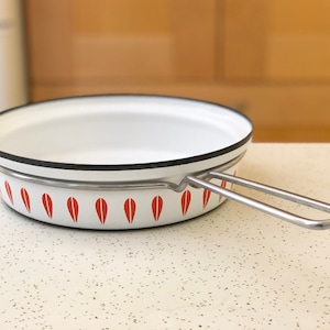 Cathrine Holm of Norway White and Orange Lotus Saute Pot, Enamel Fry Pan, Rare Signed Cathrine Holm Mid Century Skillet, Cathrineholm