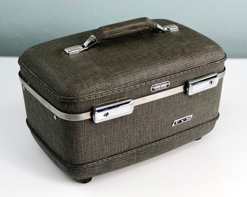 Vintage Train Case, American Tourister Gray Tweed Small Luggage, Vintage Travel image 2