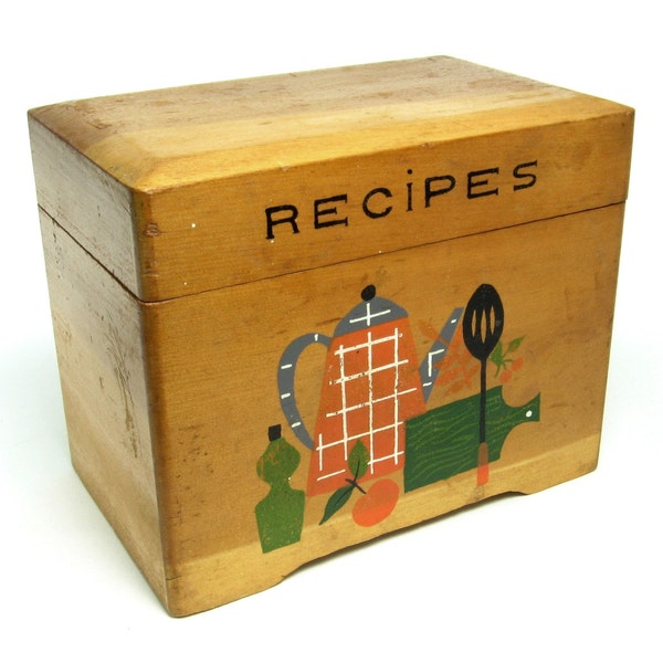 Vintage Wooden Recipe Box / Hand Painted by Nevco Japan Wood Storage Container