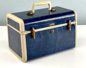 Vintage Blue Marble Samsonite Train Case, Samsonite Luggage