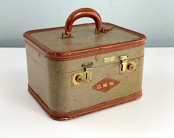 Vintage Tweed Train Case with Leather Trim and Handle and Initials