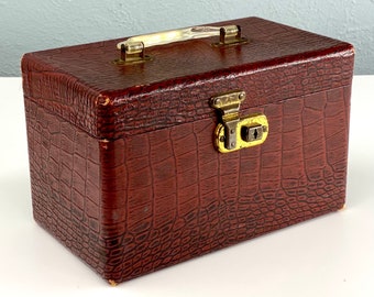 Small Vintage Red Faux Alligator Train Case