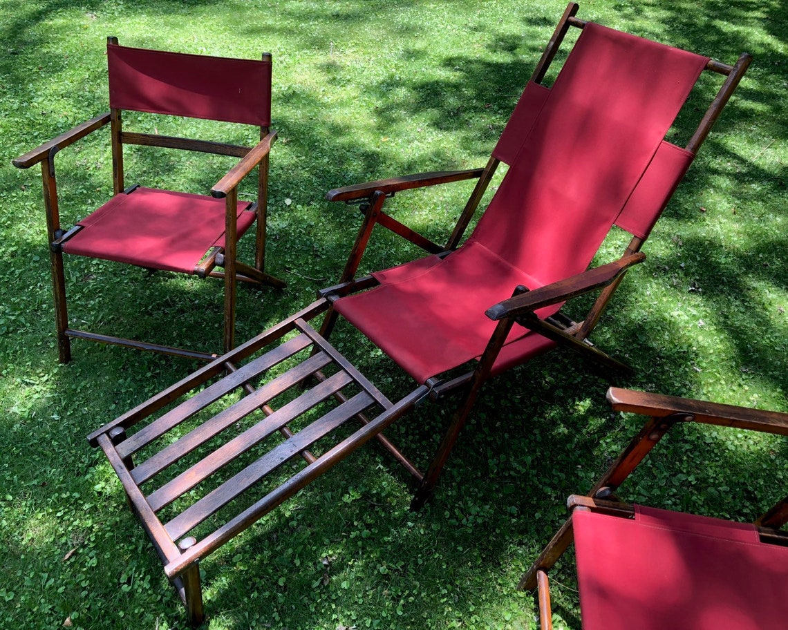 Antique Deck Chair Set Two Wood Folding Chairs and Lounger Etsy