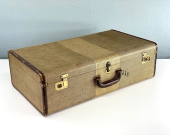 Vintage Large Striped Tweed Suitcase with Leather Trim and Handle