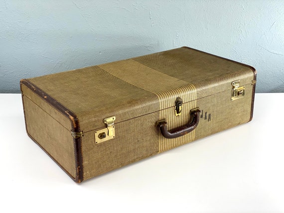 Vintage Large Striped Tweed Suitcase with Leather… - image 1