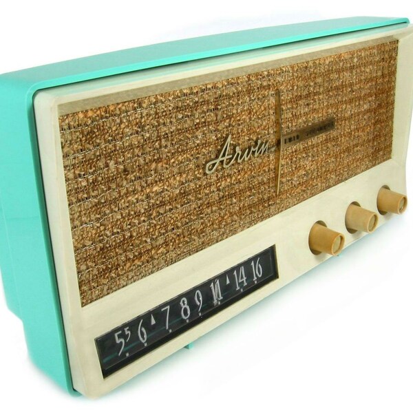 1959 Turquoise Arvin Radio / Model 2585 / Vintage Mid Century Blue Teal / Tweed Covering
