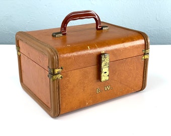 Vintage Small Brown Train Case, Vintage Luggage Suitcase, Small Cosmetic Case, Makeup Case, 1950s Luggage, Home Decor