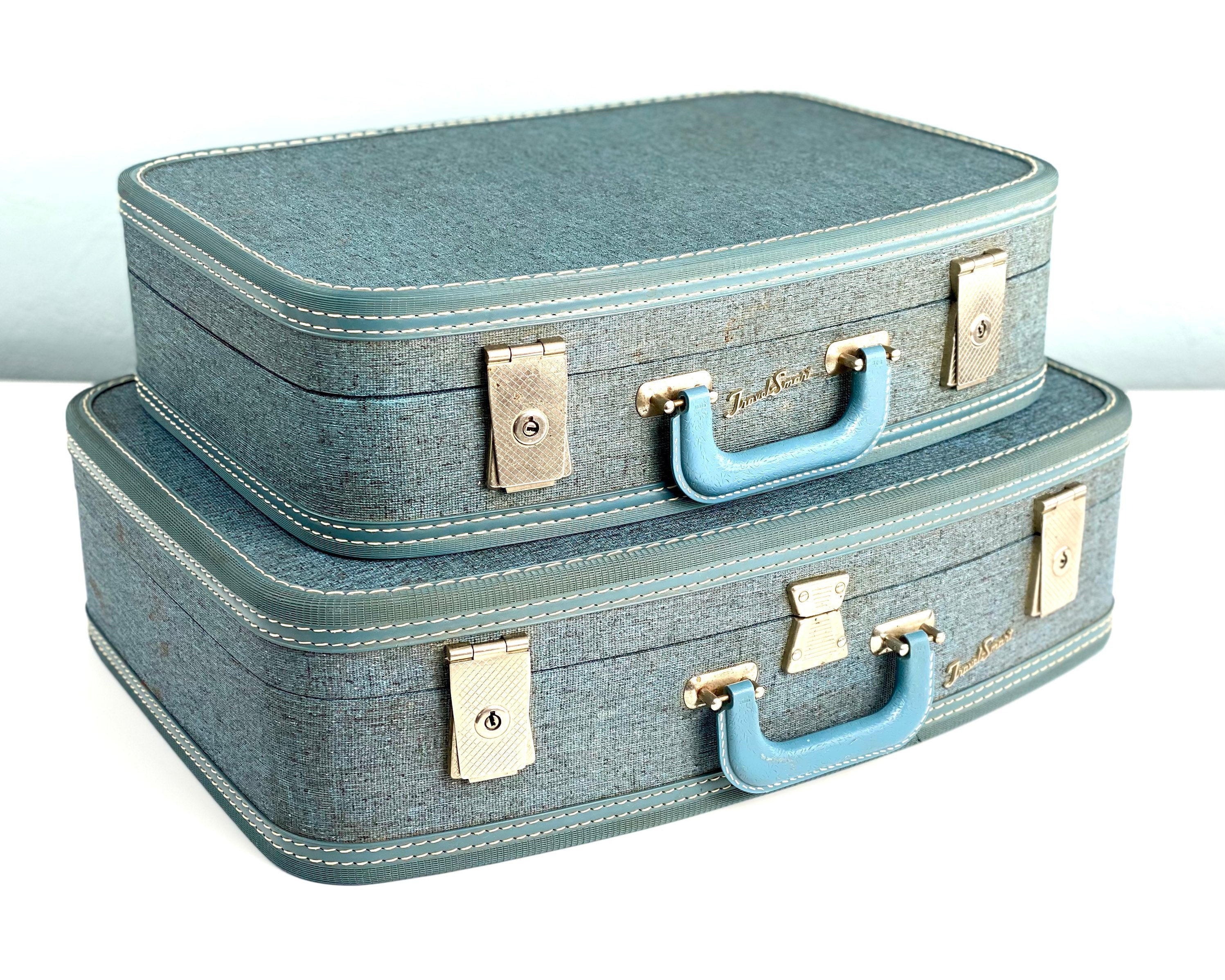 Vintage Travel Smart Blue Tweed Luggage Set Medium Suitcase 