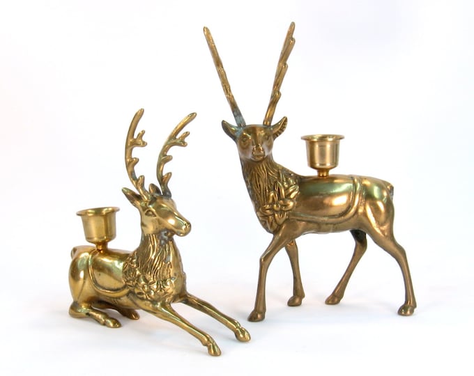 Vintage Brass Deer Candle Stick Holders Deer Figurine Larger Etsy