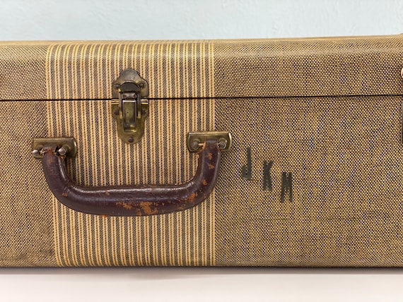 Vintage Large Striped Tweed Suitcase with Leather… - image 6