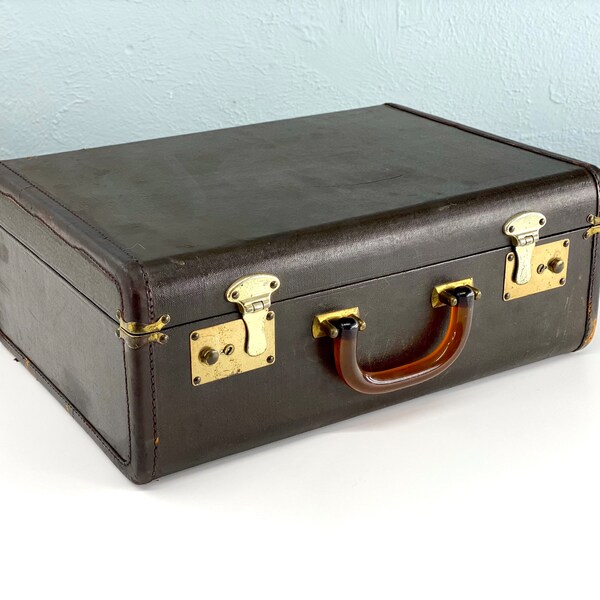 Antique Small Dark Brown Suitcase with Bakelite Handle